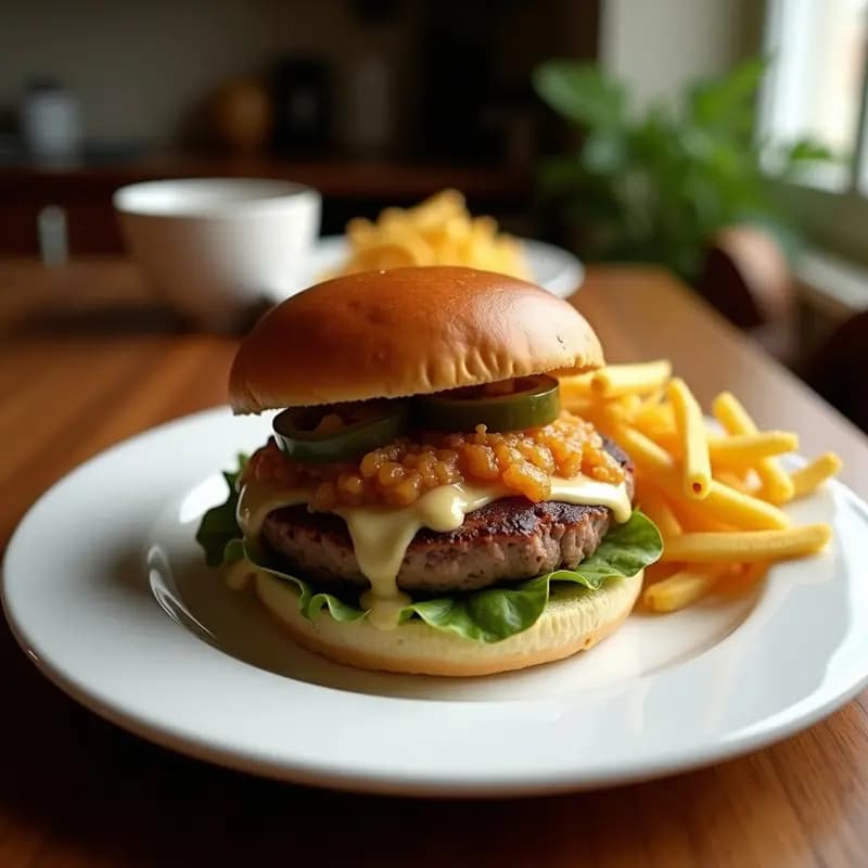 Hamburguesa de Pulled Pork con Salsa de Queso Cheddar y Aros de Jalapeños Fritos: Sabores Ahumados y Picantes