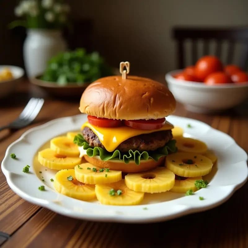 Hamburguesa de Pulled Pork con Queso Gouda y Aros de Piña Frita: La Explosión de Sabores Dulces y Ahumados