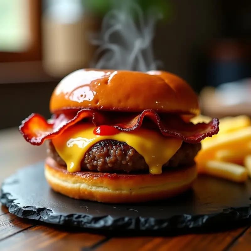 Hamburguesa de Queso Azado con Pan de Donut, Tocino y Salsa de Mermelada de Fresa: Explosión de Sabores Dulces y Salados