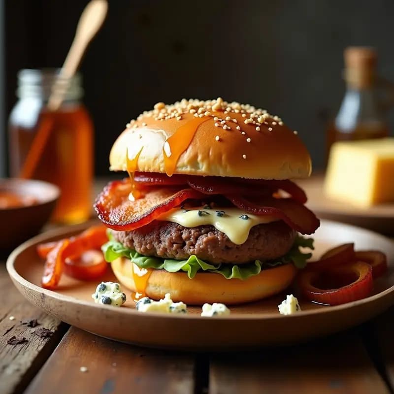 Hamburguesa con Queso Azul y Bacon Bañada en Miel: Receta Rápida en Sartén que Engancha