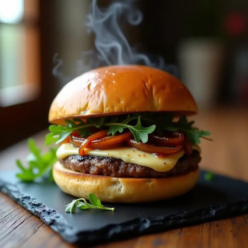 Hamburguesa de Queso Azul con Caramelo de Cebolla y Pan de Brioche: Receta Gourmet Hipercalórica