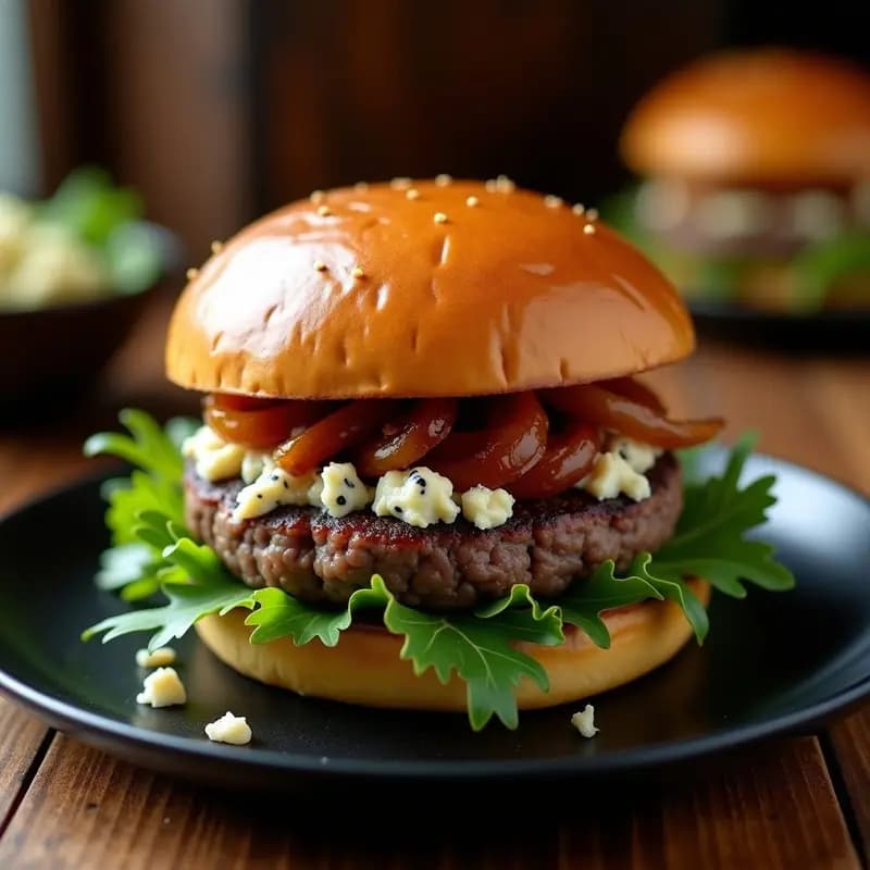 Hamburguesa de Queso Azul con Cebolla Caramelizada y Rúcula: Combinación Sofisticada