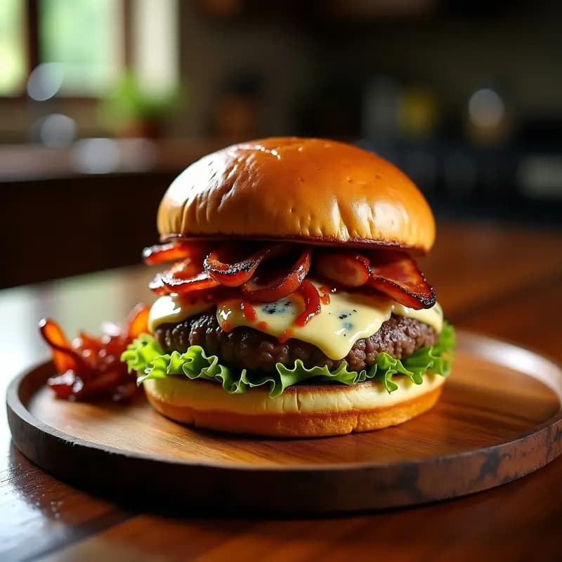 Hamburguesa de Queso Azul con Caramelo de Cebolla y Tocineta Crujiente: Receta Sofisticada y Sabrosa