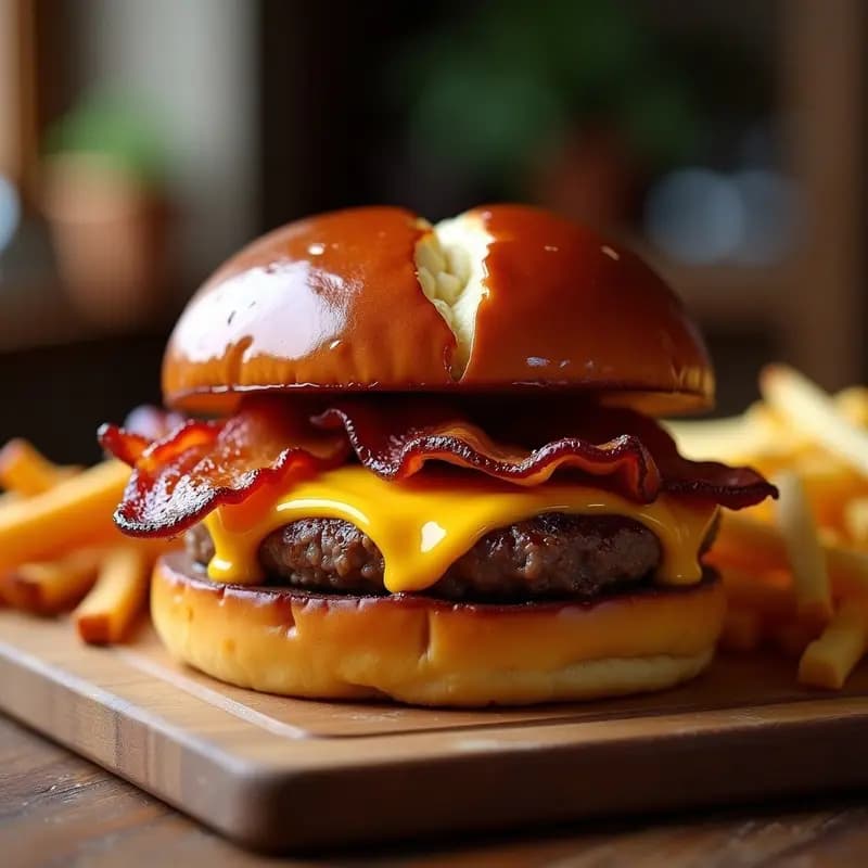 Hamburguesa de Queso Cheddar y Bacon con Pan de Pretzel: Combinación Alemana-Americana que Enamora