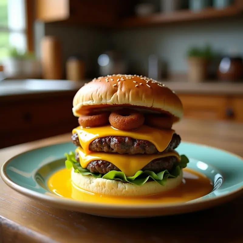Hamburguesa de Jamón con Queso Cheddar y Anillos de Cebolla Crujientes Bañados en Chocolate: Cheat-Meal Definitivo