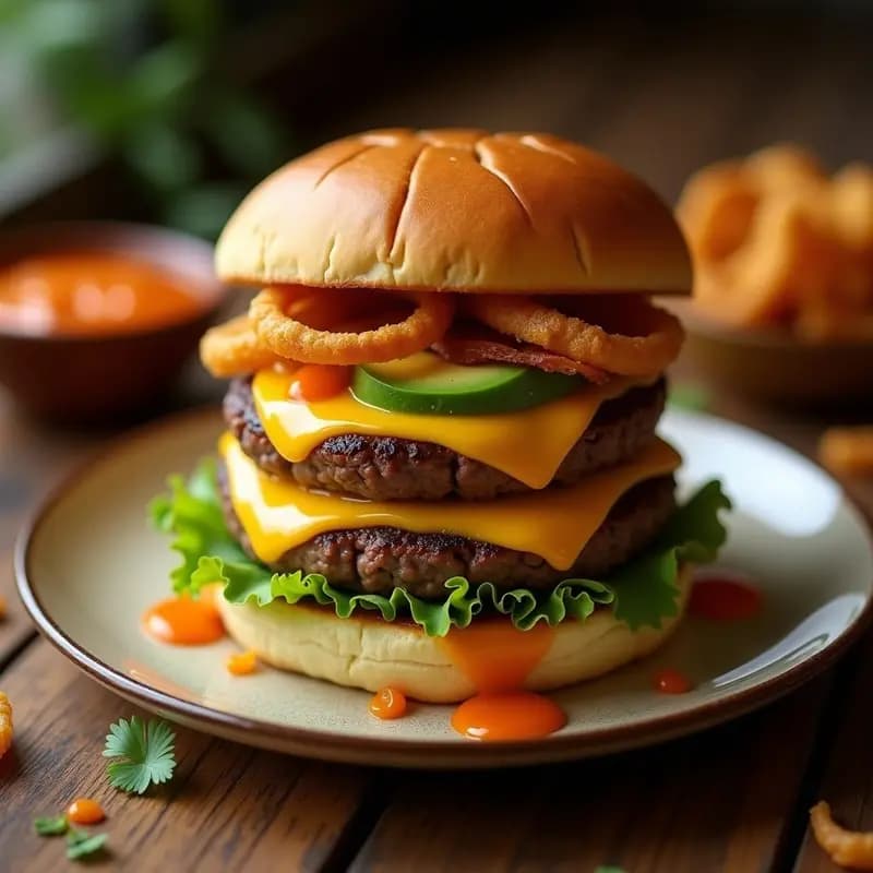 Hamburguesa de Queso Cheddar Doble con Aros de Cebolla, Aguacate y Salsa Chipotle: Receta Tex-Mex