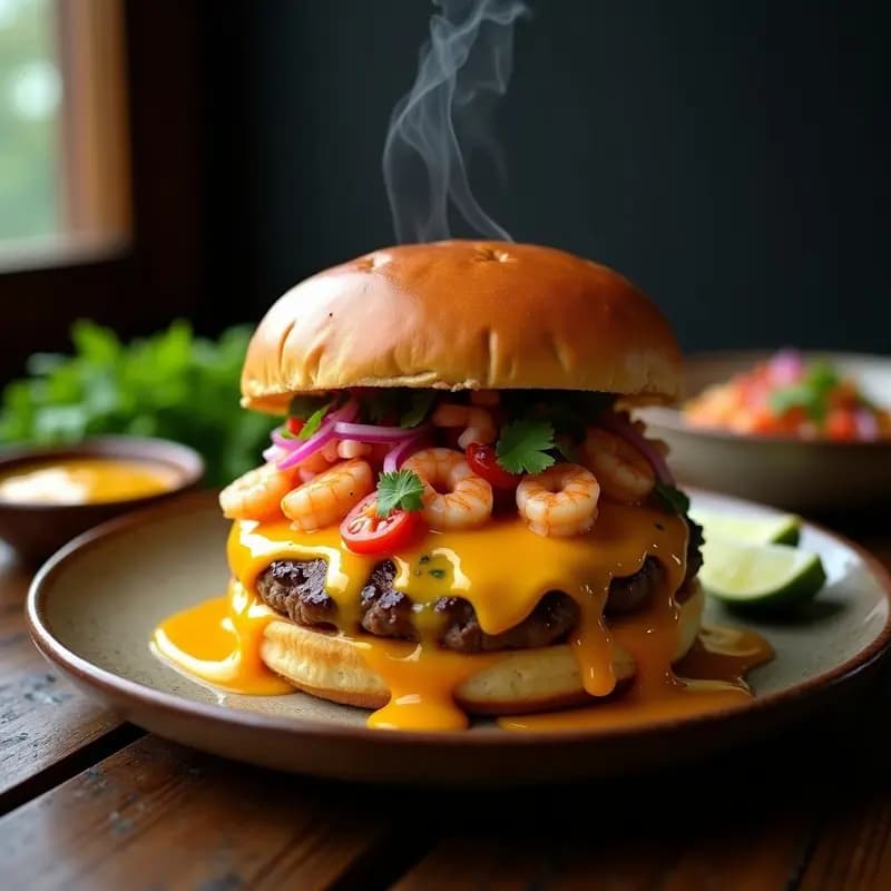 Hamburguesa de Queso Fundido con Pan de Brioche y Toppings de Ceviche de Camarón: Fusión Peruano-Americana