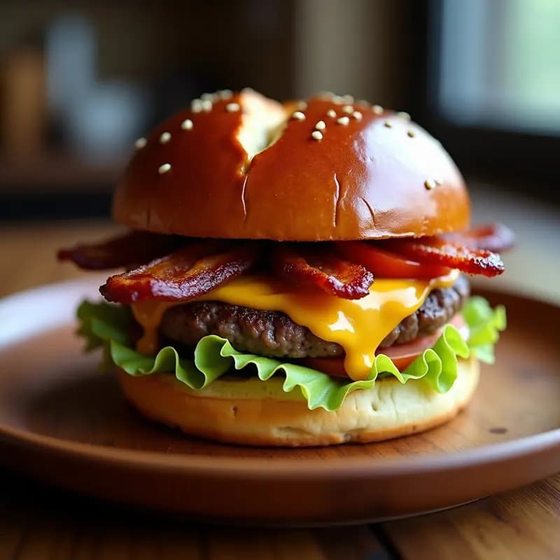 Hamburguesa de Queso con Pan de Pretzel y Bacon Caramelizado: Sabores Alemanes y Americanos