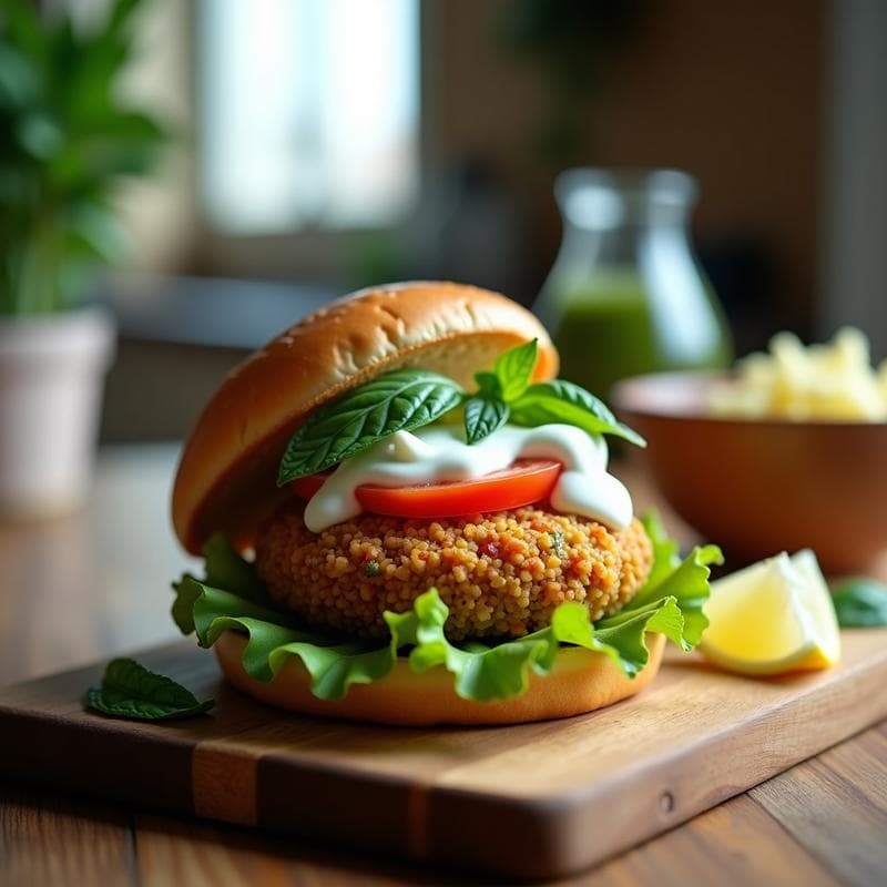 Hamburguesa de Quinoa y Lentejas con Salsa de Yogur y Menta: Receta Vegana en Airfryer