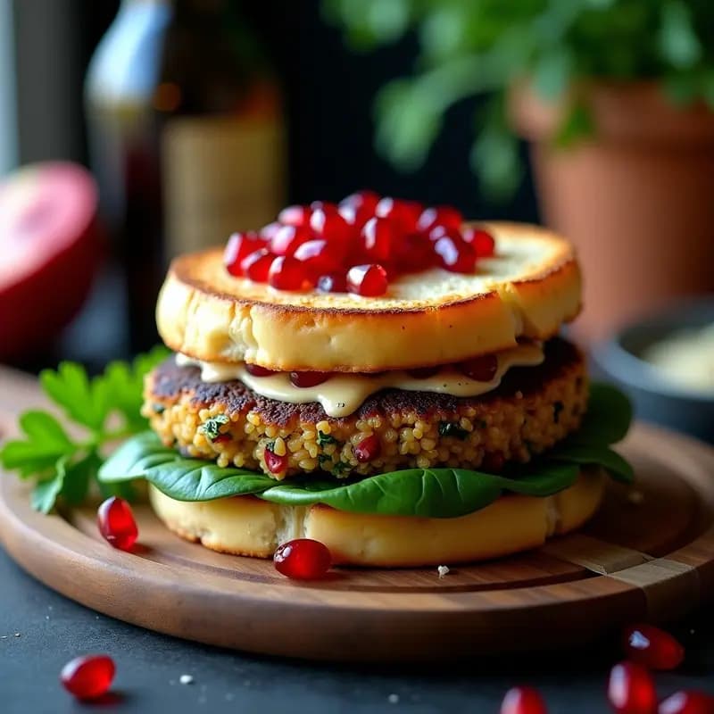 Hamburguesa de Quinoa y Champiñones Portobello con Salsa de Tahini y Granada