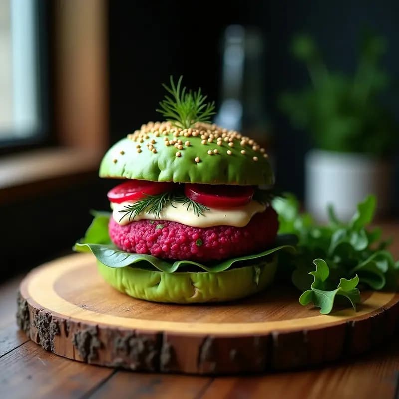 Hamburguesa de Remolacha y Lentejas con Pan de Espinacas y Salsa de Yogur de Soja