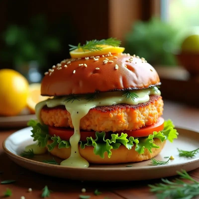 Hamburguesa de Salmón con Salsa de Eneldo y Limón y Pan de Centeno: Frescura y Grasa en Armonía