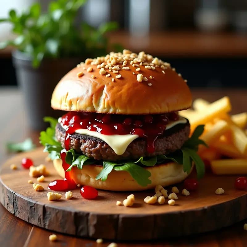 Hamburguesa de Ternera con Queso de Cabra, Rúcula y Salsa de Granado: Receta Gourmet Mediterránea