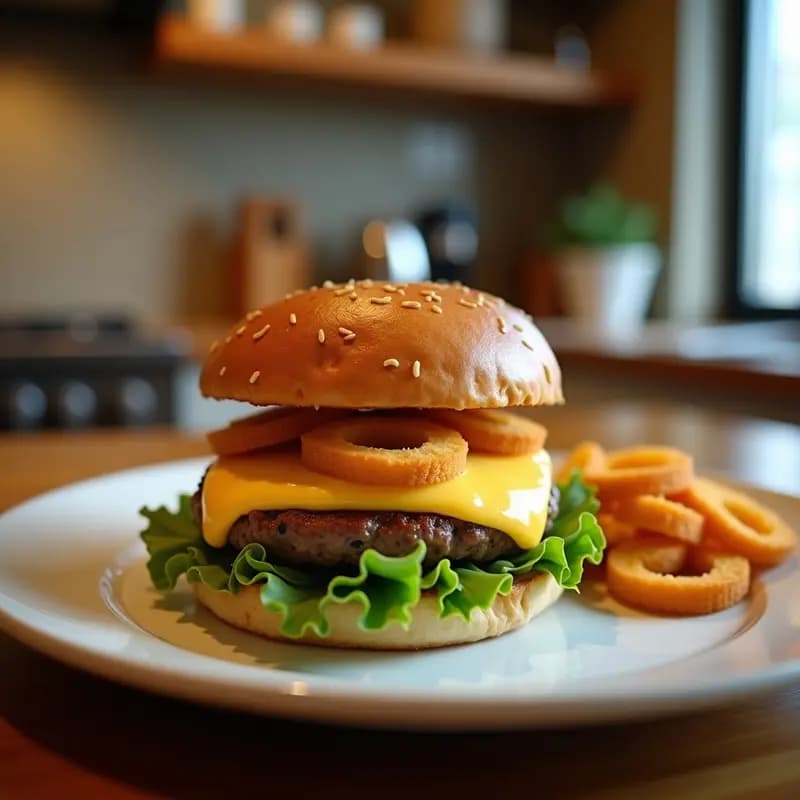Hamburguesa de Ternera con Queso Cheddar y Anillos de Cebolla Crujientes: Clásico Americano Reinventado