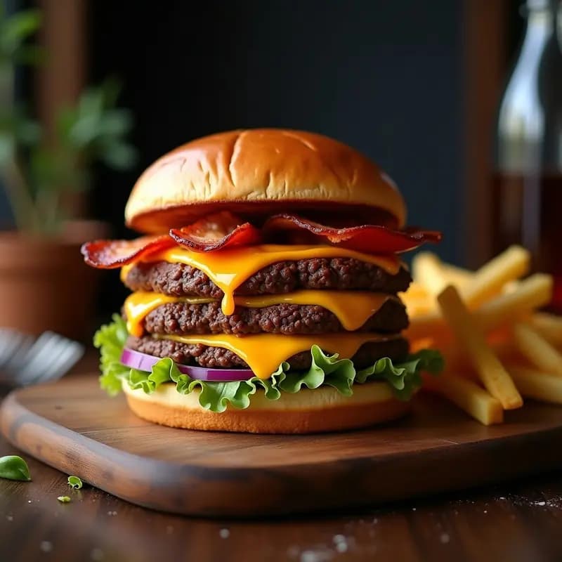 Hamburguesa de Triple Carne con Queso Cheddar derretido y Salsa Barbacoa de Miel: Receta para Atracones Extremos