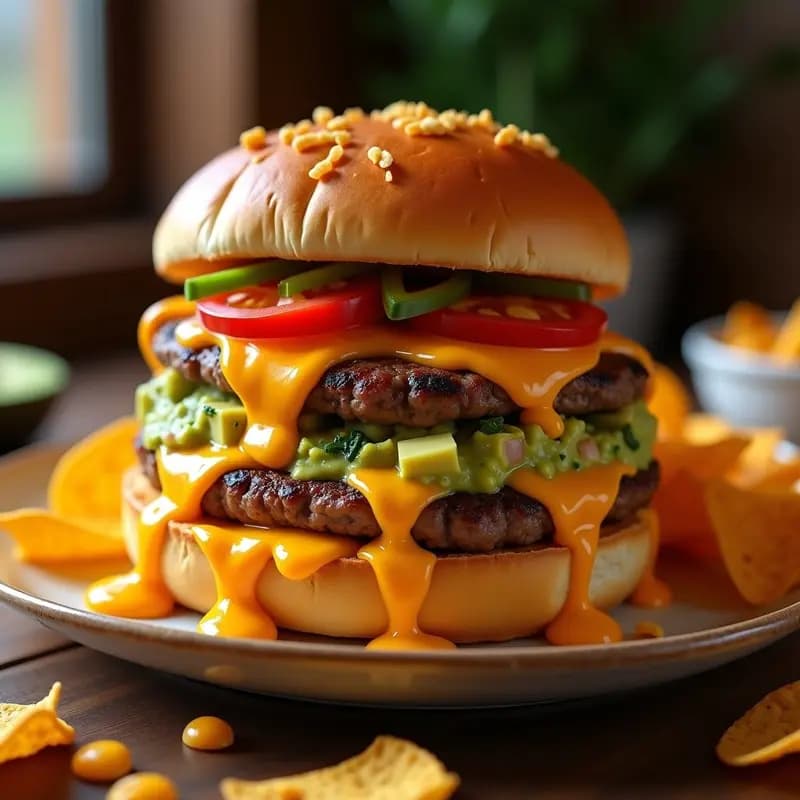 Hamburguesa Triple Nacho Explosión: Receta con Queso Líquido, Doritos y Guacamole Extremo