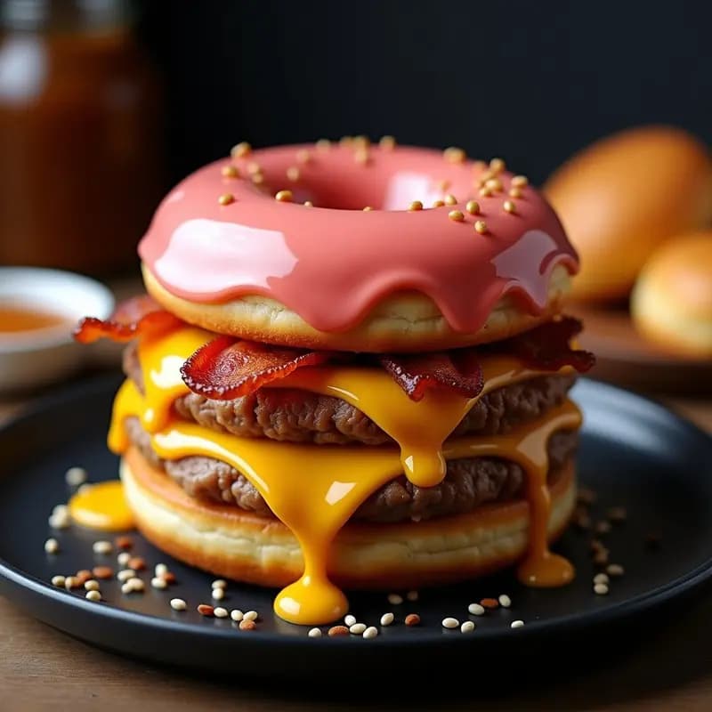 Hamburguesa Triple Queso con Donuts de Glaseado como Pan y Salsa de Caramelo Salado: Receta de Comida Basura Extrema