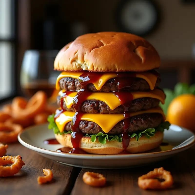 Hamburguesa Triple Queso con Salsa Barbacoa de Whisky y Aros de Cebolla Caramelizada: Receta Extrema para Amantes de la Carne