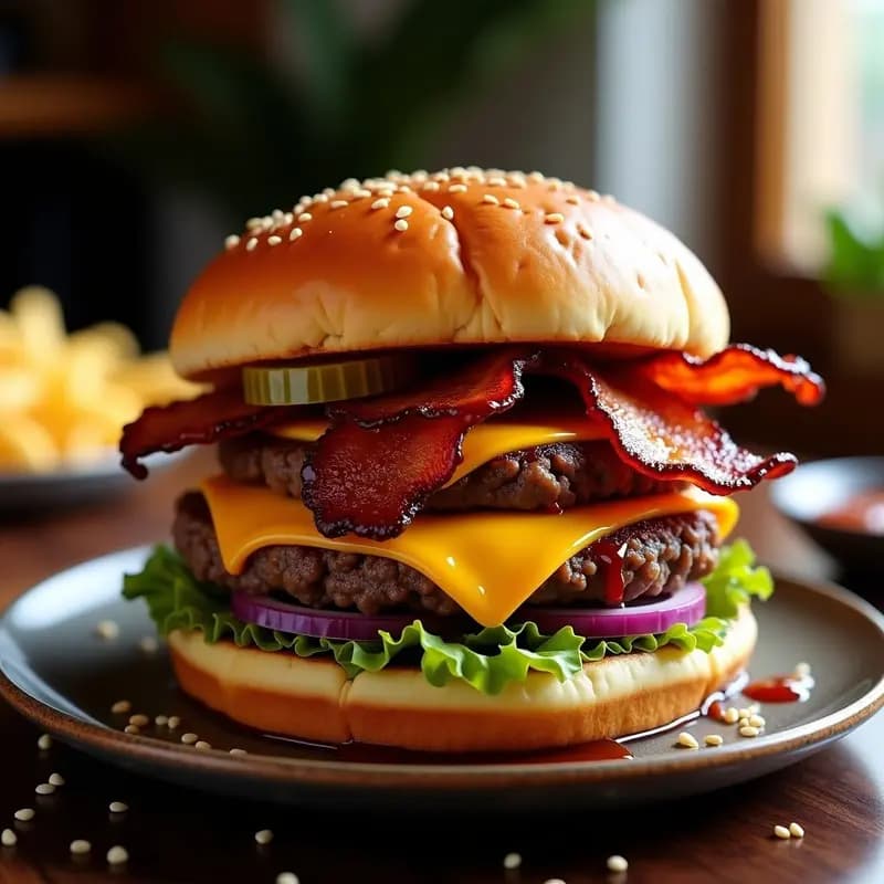 Hamburguesa Triple Queso y Tocino Caramelizado: Receta Americana en Airfryer para Antojos Extremos