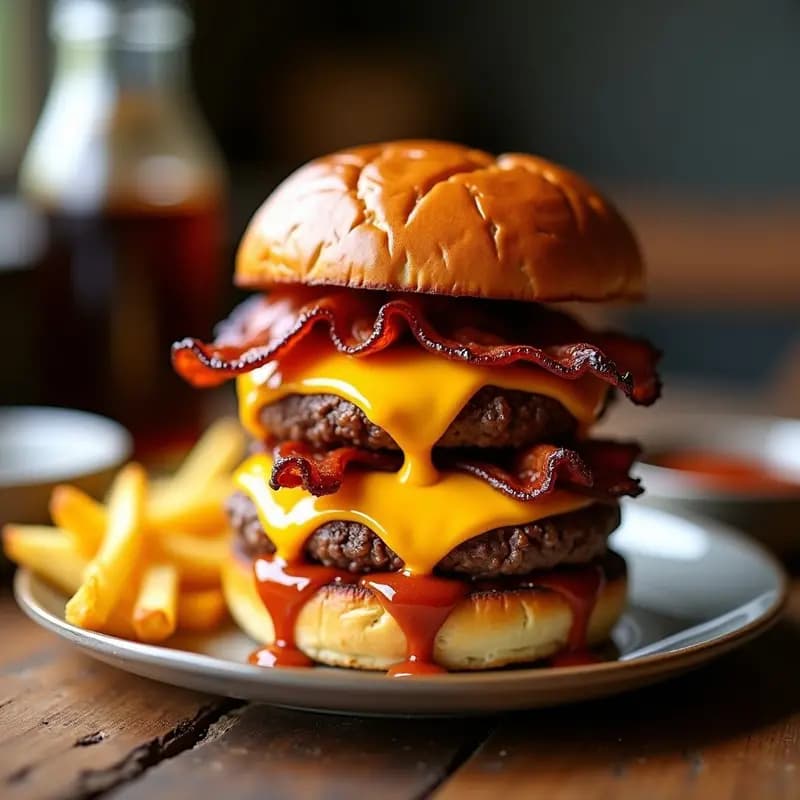 Hamburguesa Triple Queso con Tocino Caramelizado y Salsa Barbacoa Picante: Receta Ultra Indulgente en 20 Minutos