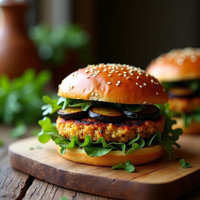 Hamburguesas de Berenjena Asada y Garbanzos con Pan de Quinoa: Receta Vegana y Sin Harina