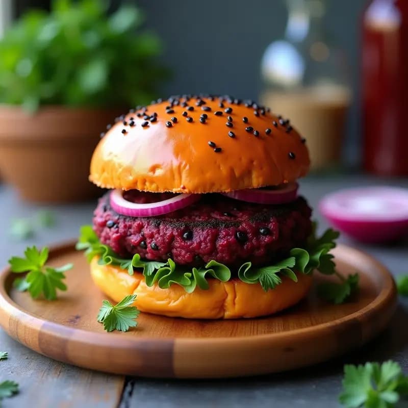 Hamburguesas de Lentejas Moradas y Betabel con Pan de Batata: Receta Vegana Colorida