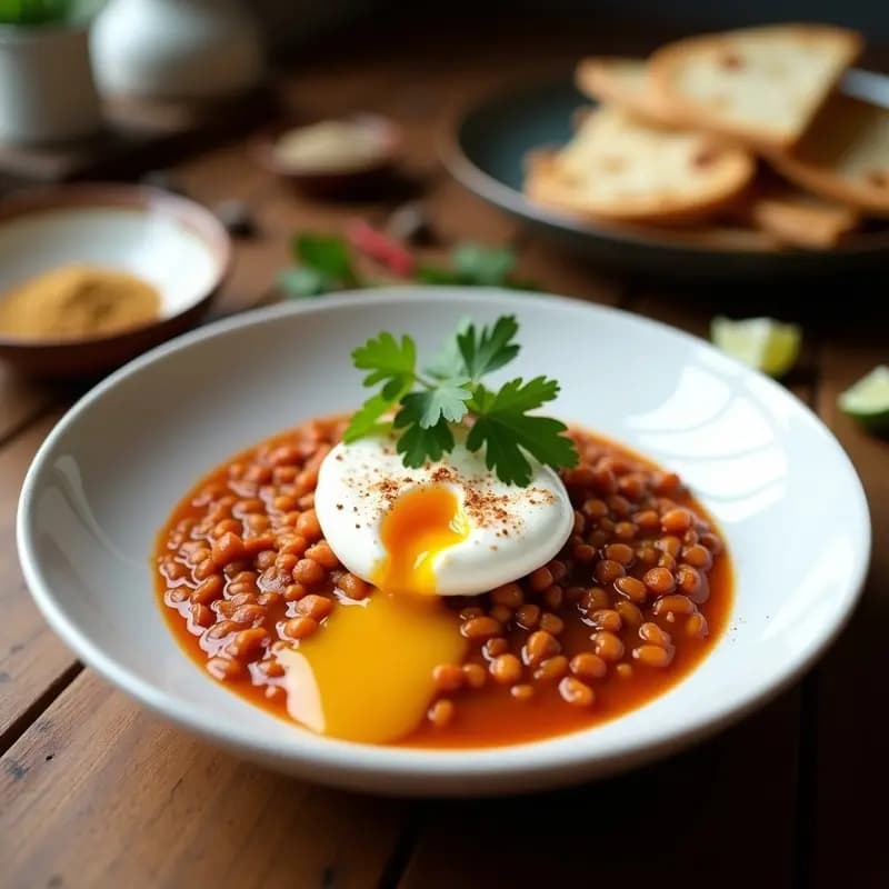 Harissa de Lentejas Rojas con Huevo Poché: Desayuno Tunecino Alto en Proteínas