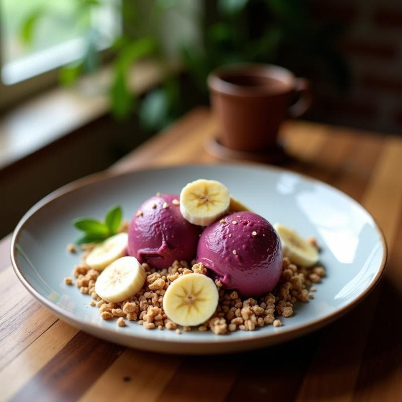 Helado de Açaí y Banana con Granola de Coco: Postre Brasilero Vegano y Sin Lácteos