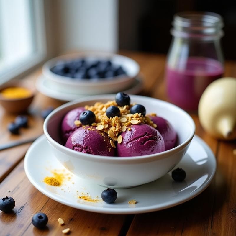 Helado de Açaí y Blueberry con Granola de Cúrcuma: Postre Brasilero Antioxidante Sin Azúcar