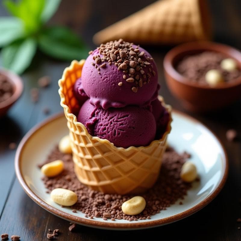Helado de Açaí y Cacahuete con Crujiente de Cacao: Postre Brasilero Vegano y Sin Azúcar