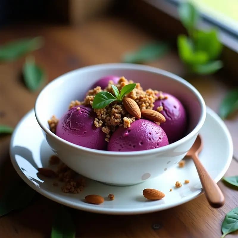 Helado de Açaí y Camu Camu con Granola de Quinoa Morada: Postre Amazonico Sin Azúcar