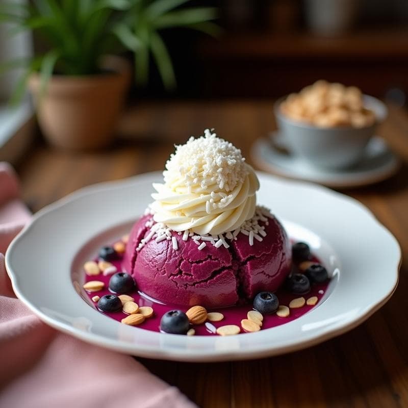Helado de Açaí y Leche de Almendras con Topping de Coco Rallado: Postre Brasileño Vegano