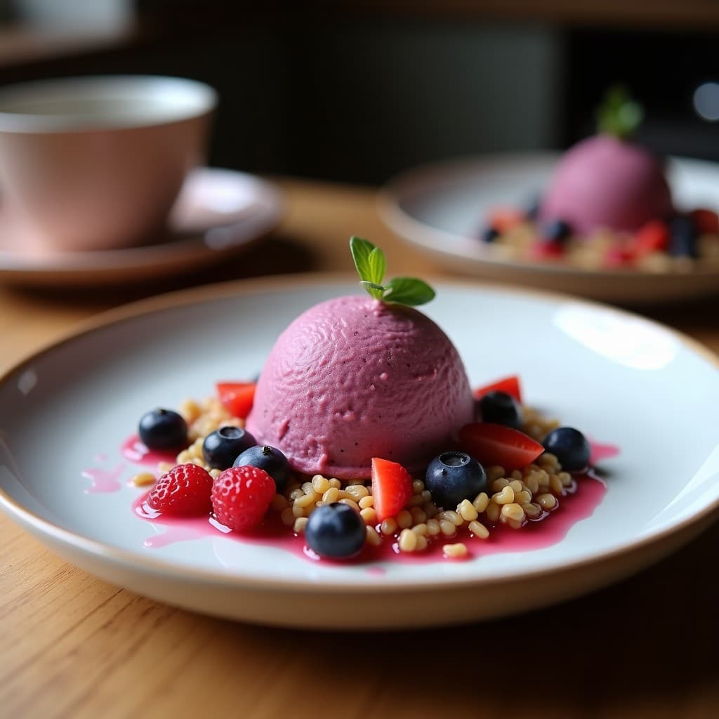Helado de Açaí y Leche de Cabra con Crujiente de Quinoa: Postre Brasileño Sin Azúcar y Rico en Probióticos