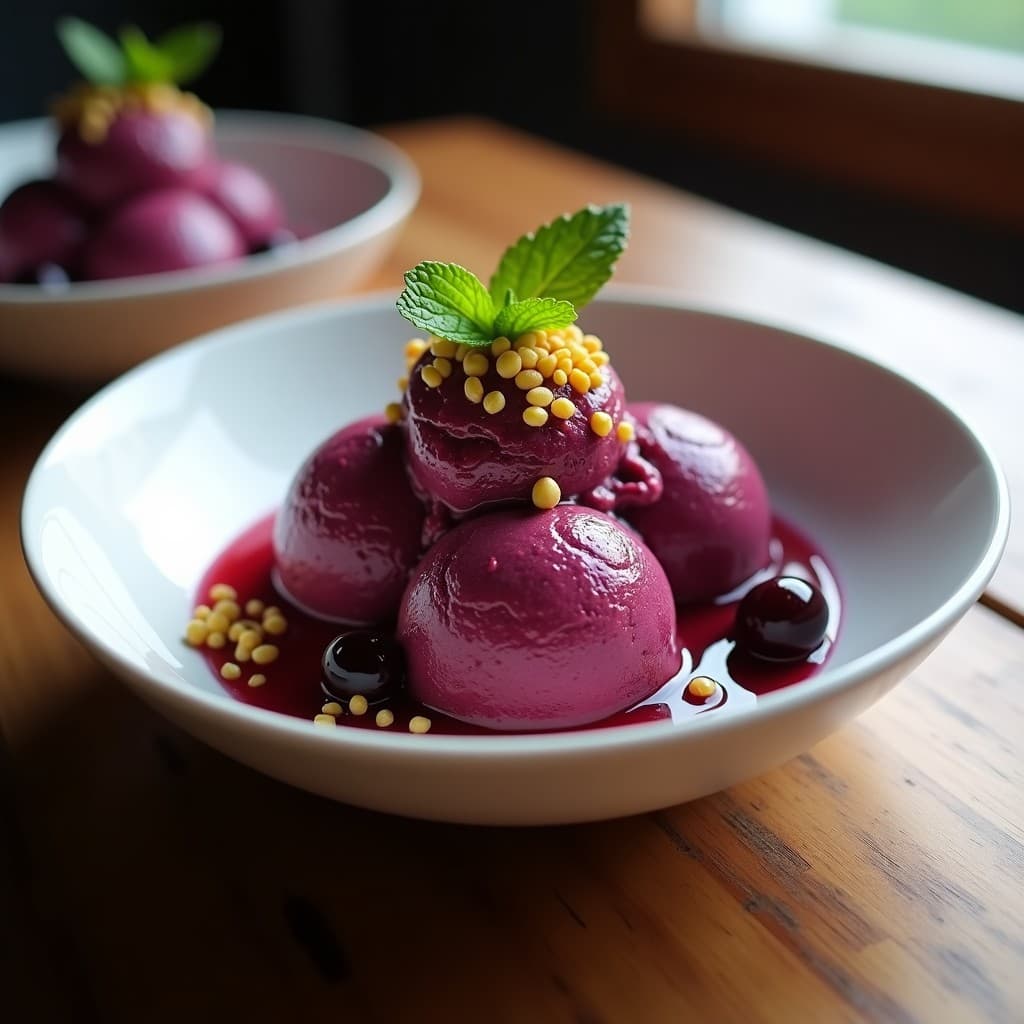 Helado de Açaí y Moras de Goji con Crujiente de Amaranto: Postre Superalimento Sin Lácteos