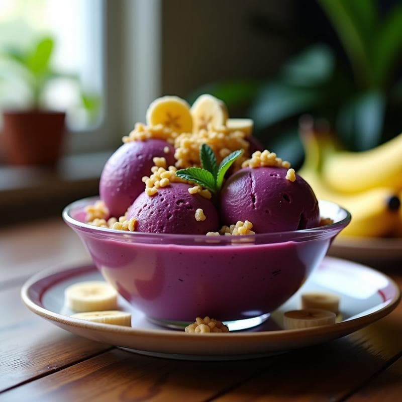 Helado de Açaí y Plátano con Crujiente de Quinoa: Postre Vegano Sin Lácteos en 3 Ingredientes