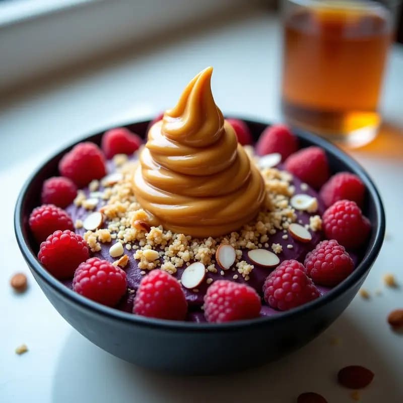 Helado de Açaí y Quinoa Inflada con Salsa de Caramelo de Dátiles: Bowl Antioxidante