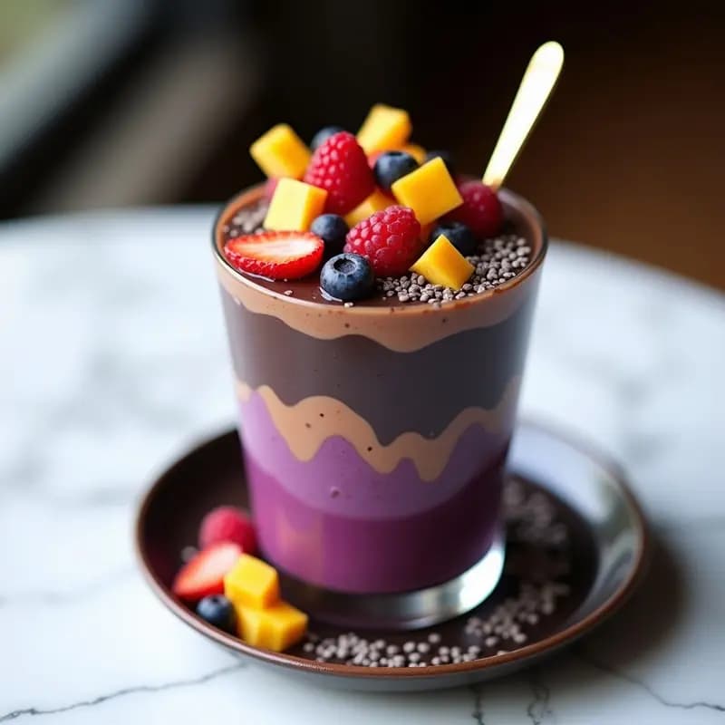 Helado de Açaí con Toppings de Fruta Liofilizada: Postre Brasileño Antioxidante en Cappuccino de Chocolate