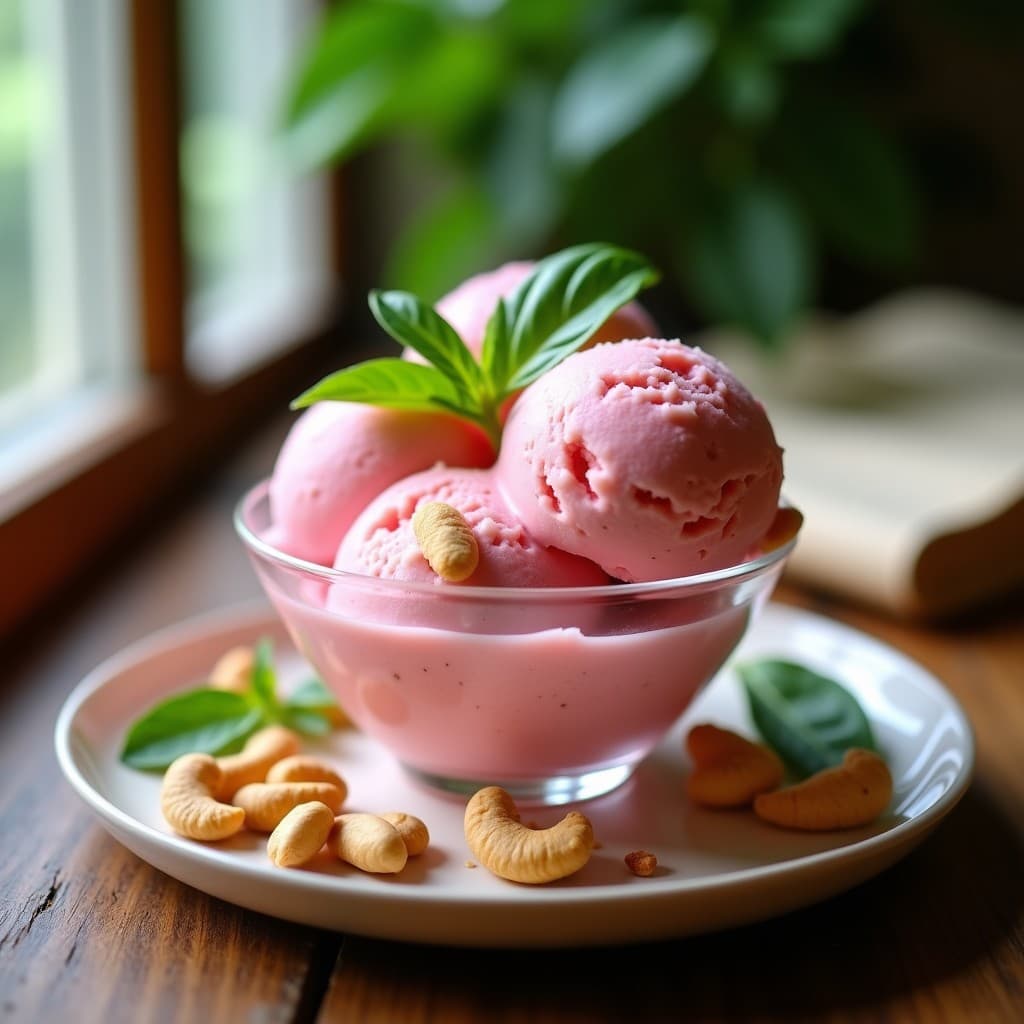 Helado de Acerola y Albahaca con Trozos de Anacardo: Postre Brasileiro Vegano y Sin Lactosa