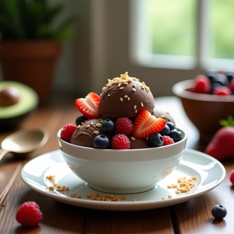 Helado de Aguacate y Cacao con Toppings de Frutos Rojos: Postre Vegano Sin Azúcar y Alto en Grasas Saludables