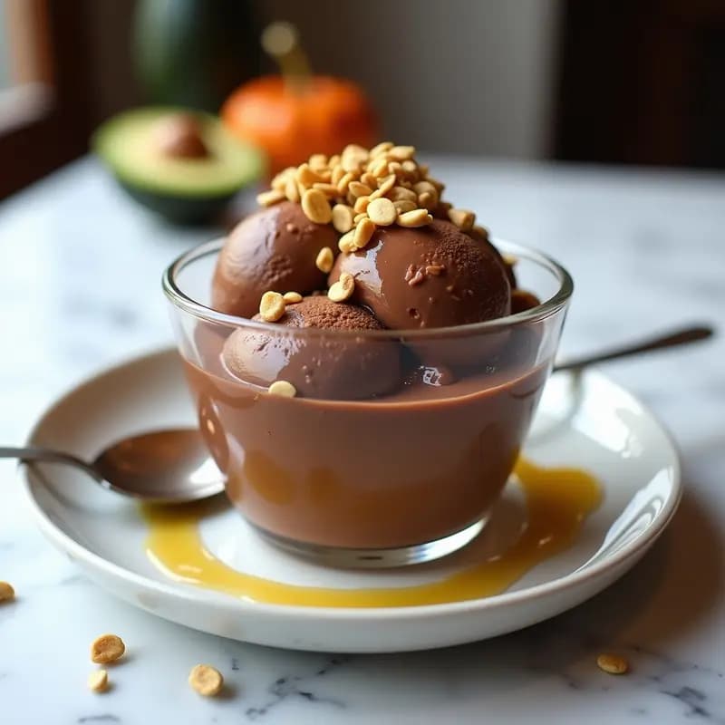 Helado de Aguacate y Cacao con Topping de Granola de Semillas de Calabaza: Postre Creamy Sin Lácteos