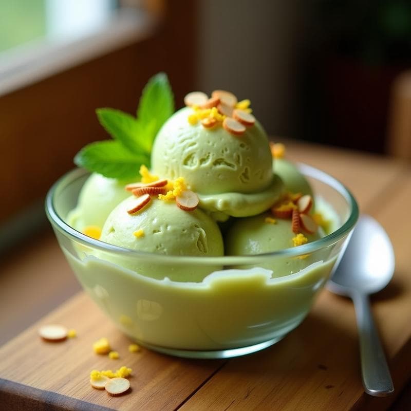 Helado de Aguacate y Limón con Crujiente de Almendras: Postre Vegano Sin Azúcar