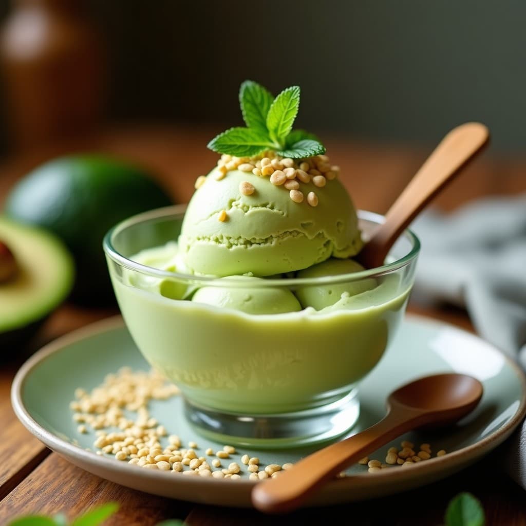Helado de Aguacate y Matcha con Crujiente de Amapola: Postre Saludable Sin Azúcar en 10 Minutos