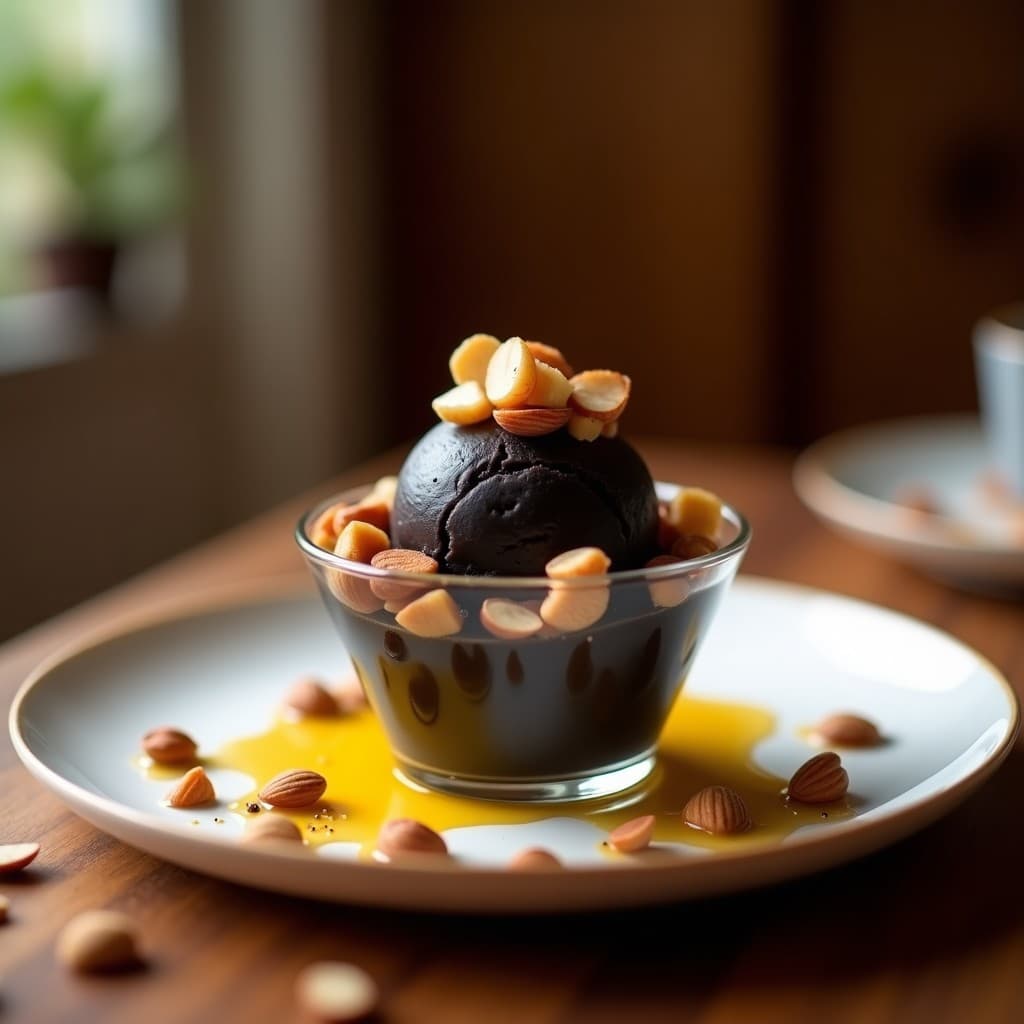 Helado de Ajo Negro y Miel con Crujiente de Jamón: Postre Innovador de la Cocina Española Moderna