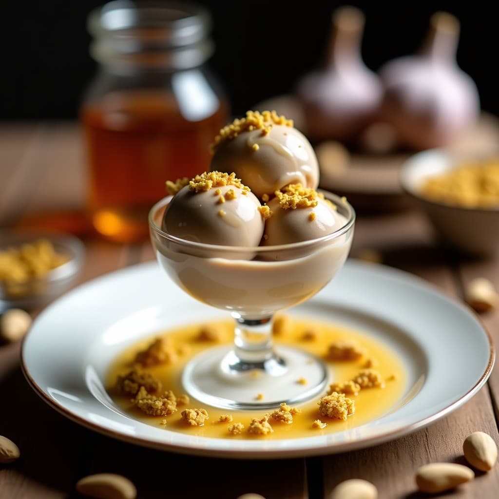 Helado de Ajo Negro y Miel con Crujiente de Pistacho: Postre Gourmet Sin Lactosa en 5 Minutos