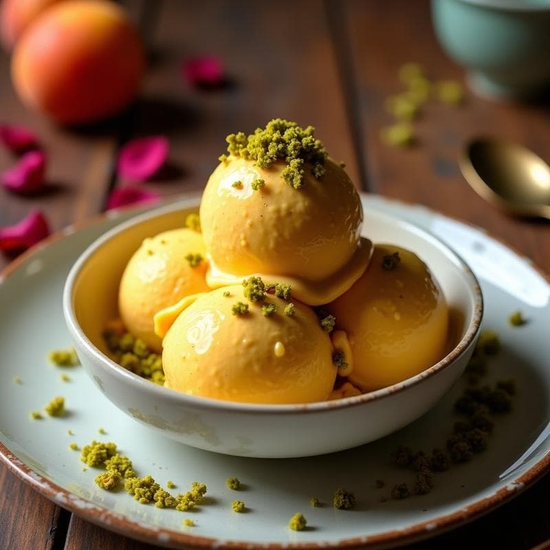 Helado de Albaricoque y Azafrán con Crujiente de Pistacho: Postre Iraní Sin Lácteos