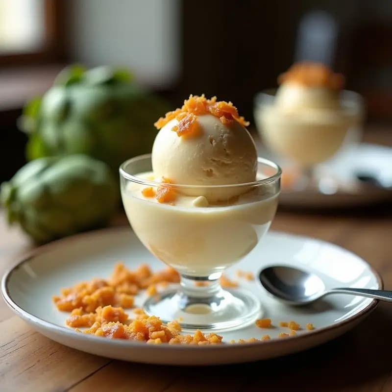 Helado de alcachofa y vainilla bourbon con crujiente de almendras: Postre Francés Sin Lactosa