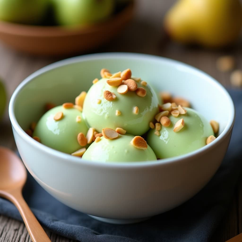 Helado de Aloe Vera y Pera con Crujiente de Almendras: Postre Coreano Sin Lácteos