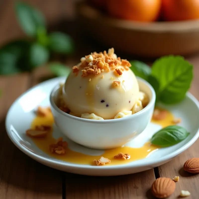 Helado de Apera y Albahaca con Crujiente de Almendras y Miel de Agave
