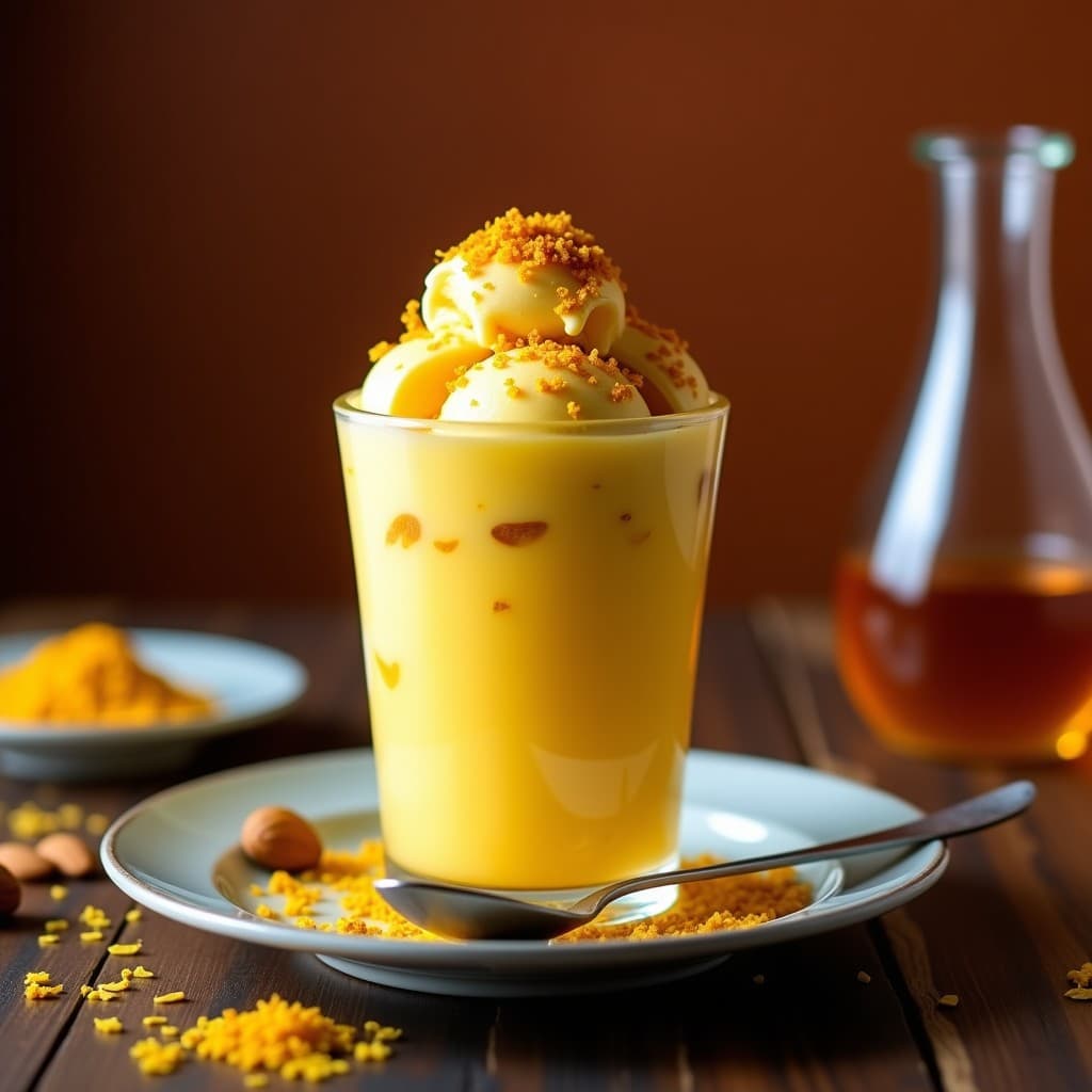 Helado de Azafrán y Miel con Crujiente de Almendras: Postre Persa Elegante Sin Lácteos