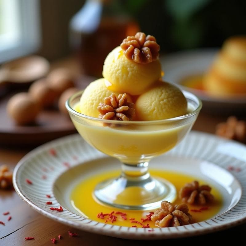 Helado de Azafrán y Miel con Nueces Caramelizadas: Postre Persa Sin Lactosa en 10 Minutos